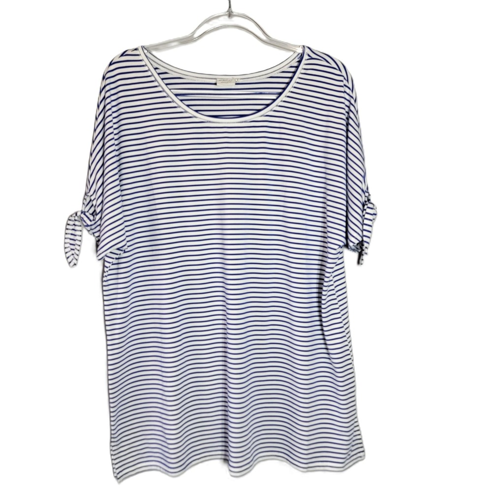SIMPLE by Suzanne Betro Womens 1X‎ Blue White Stripe Knit Tie Sleeve Top Tunic